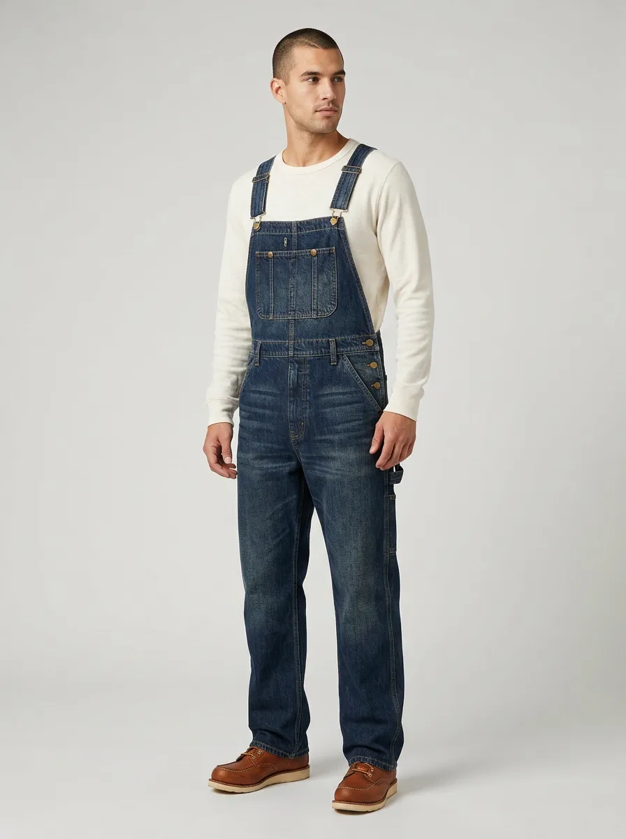 Men's Vintage Style Distressed Denim Bib Overalls