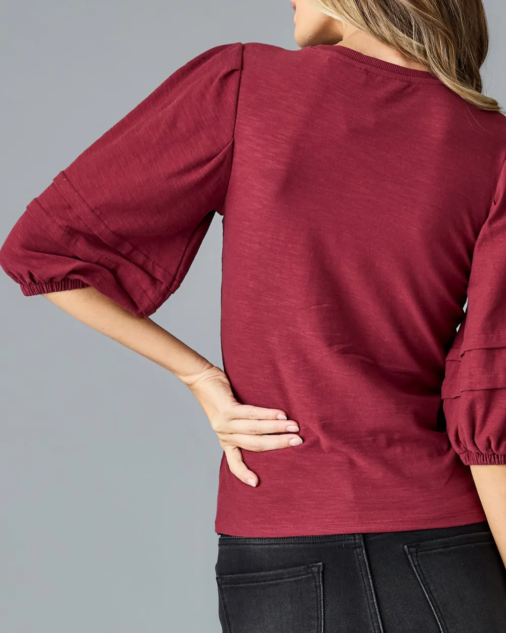 Wine Red Ruffled Three Quarter Sleeves Blouse