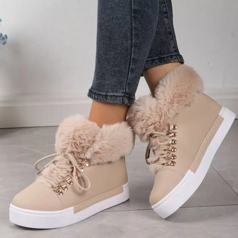 Refined Fuzzy Trim Lace-Up Ankle Boots