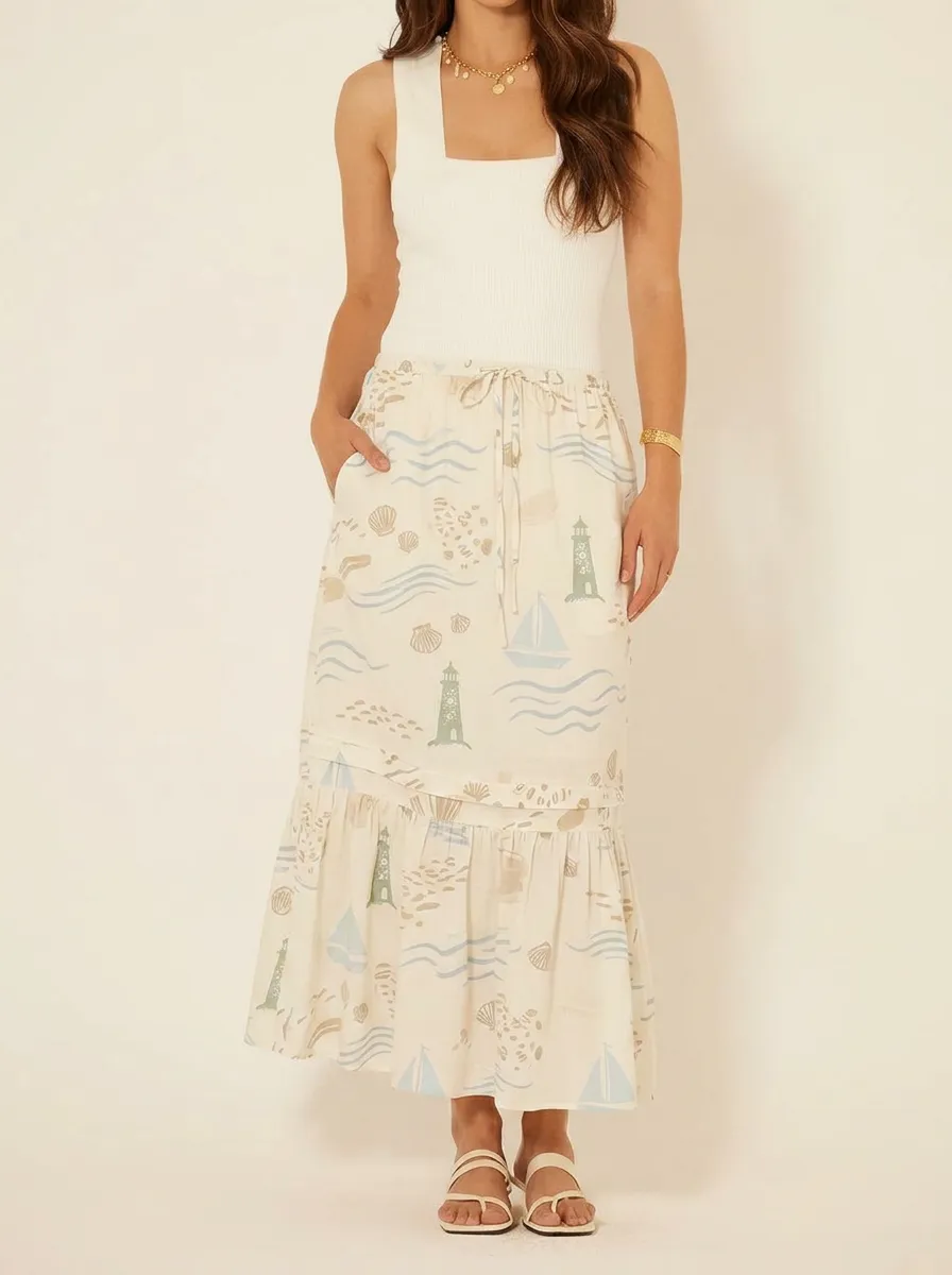 Women's Nautical Beach Lover Lighthouse Seashell Printed Midi Skirt