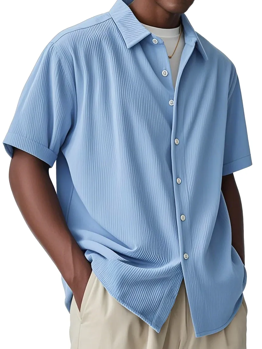 Short Sleeve Open Collar Striped Shirt
