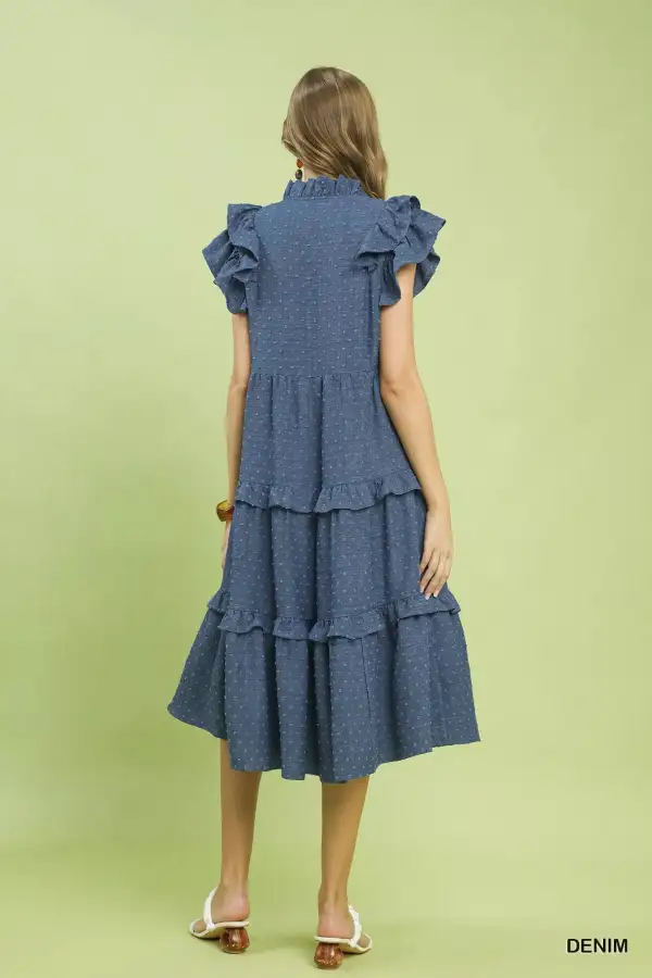 Swiss Dot Ruffle Sleeve Tiered Midi Dress