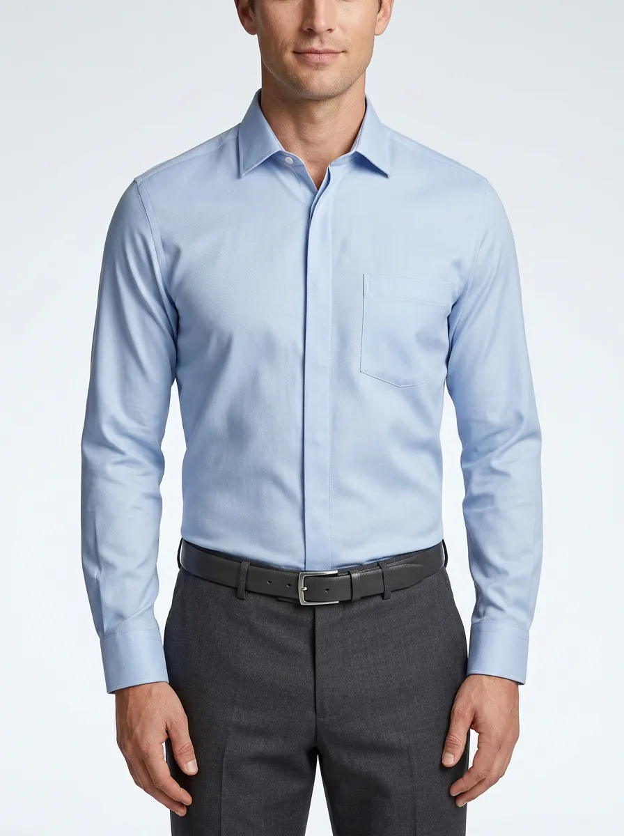 Men's Light Blue Point Collar Dress Shirt with Chest Pocket