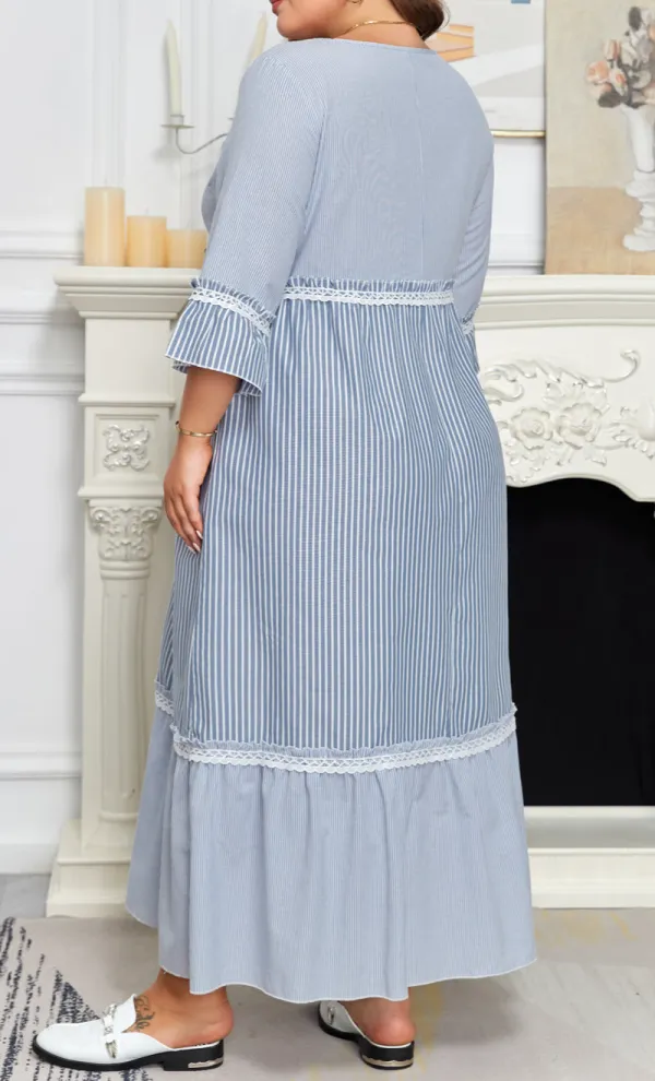 Crisscross Lace Detail Mixed Striped Patchwork Plus Fit Shift Long Dress