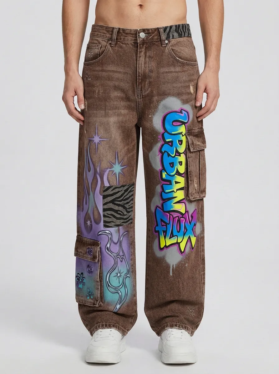 Men's Streetwear Urban Flux Graffiti Flame Graphic Cargo Jeans