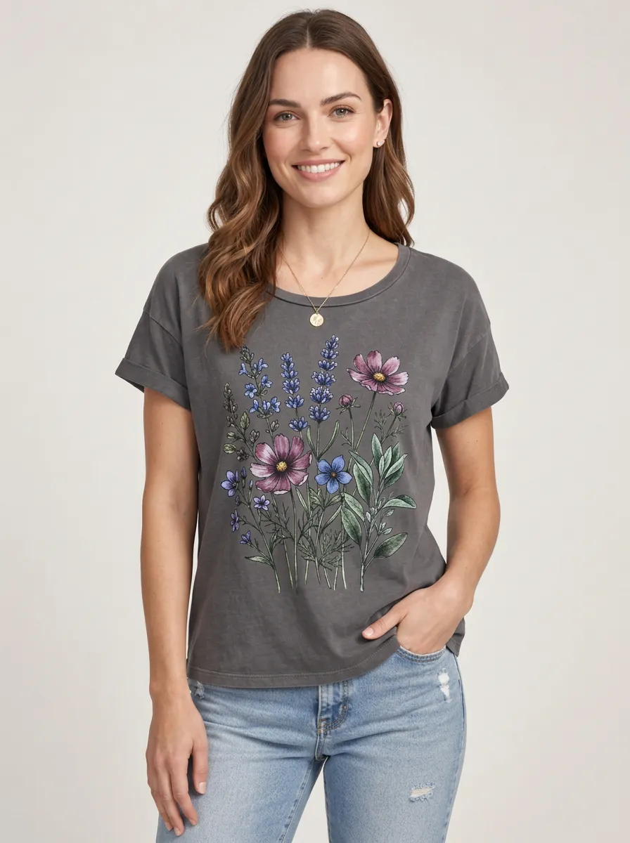 Women's Botanical Cosmos Simple Printed Tee