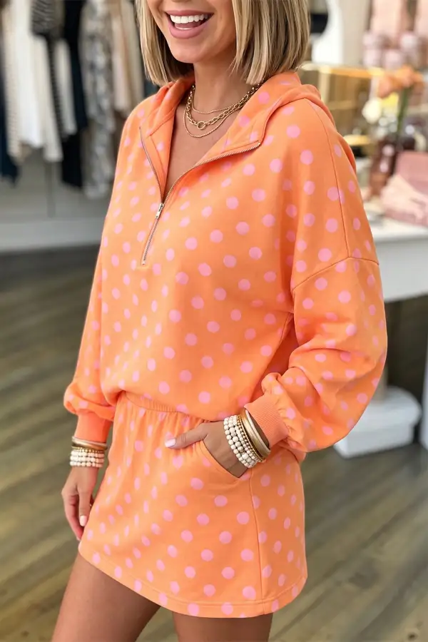 Women's Polka Dot Hooded Long Sleeve Top Casual Mini Skort Set