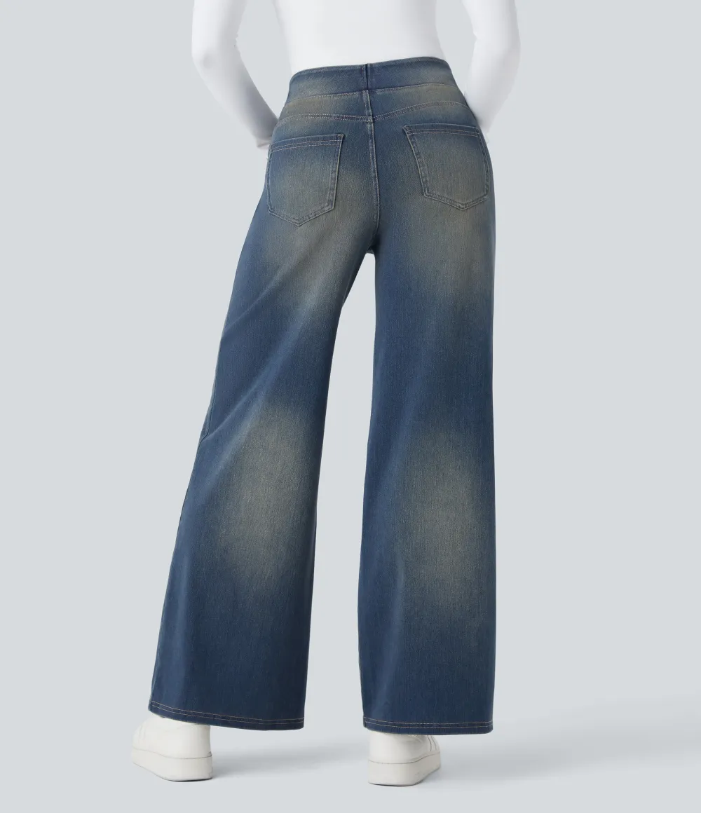 2026🔥  High Waisted Multiple Pockets Baggy Wide Leg Washed Stretchy Knit Casual Jeans
