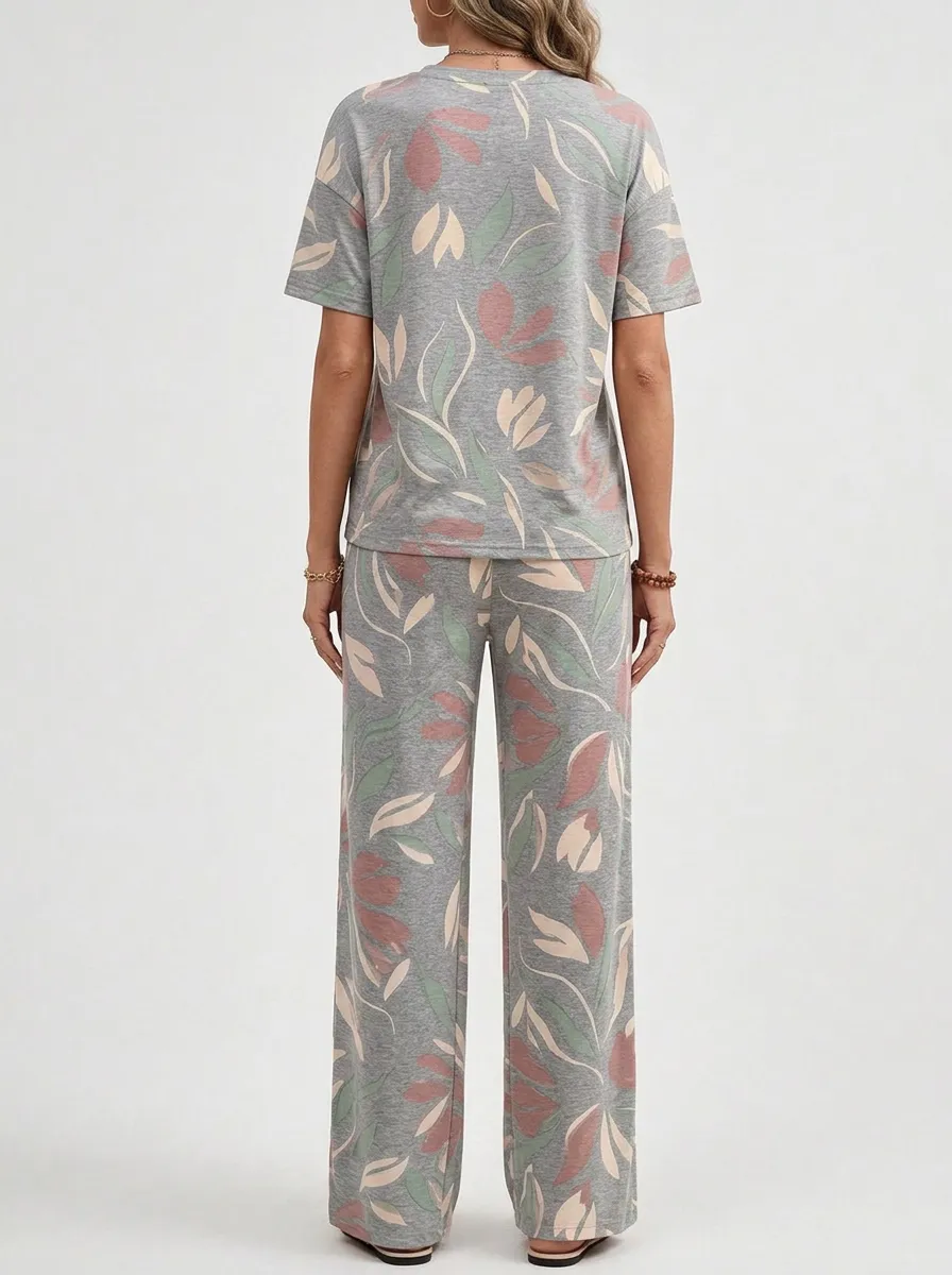 Women's Heather Grey Floral Tee & Wide-Leg Pants Set