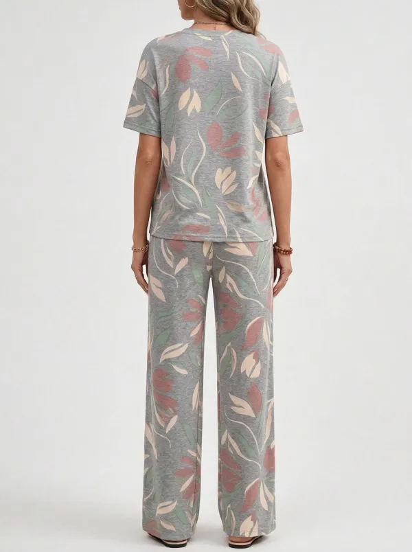 Women's Heather Grey Floral Tee & Wide-Leg Pants Set