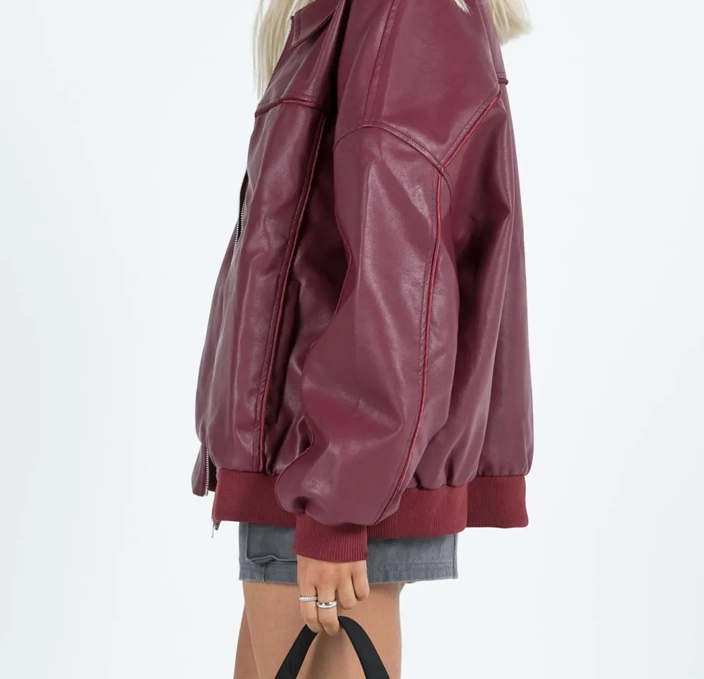 Burgundy Faux Leather Oversized Bomber Jacket
