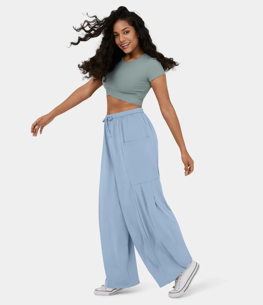 Mid Rise Elastic Waistband Drawstring Side Pocket Palazzo Flowy Wide Leg Casual Pants