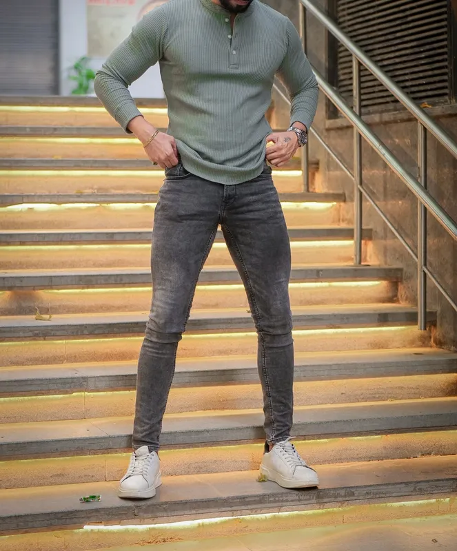 Grey Ribbed Long Sleeve Henley Shirt