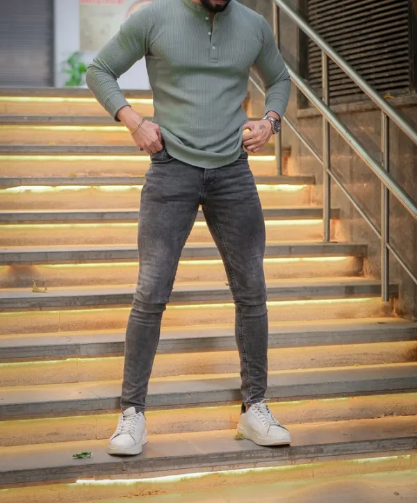 Grey Ribbed Long Sleeve Henley Shirt