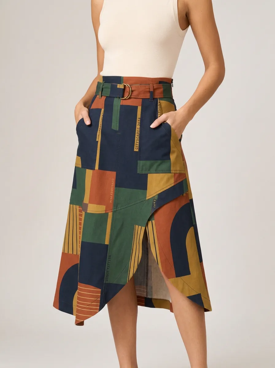 Women's Urban Geometric Pattern Printed Midi Skirt
