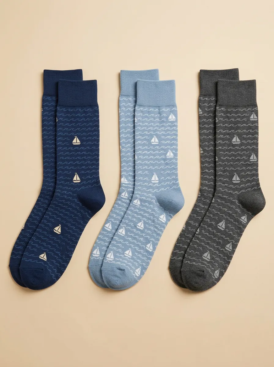 Men's Three-Pair Sailboat Wave Crew Sock Set
