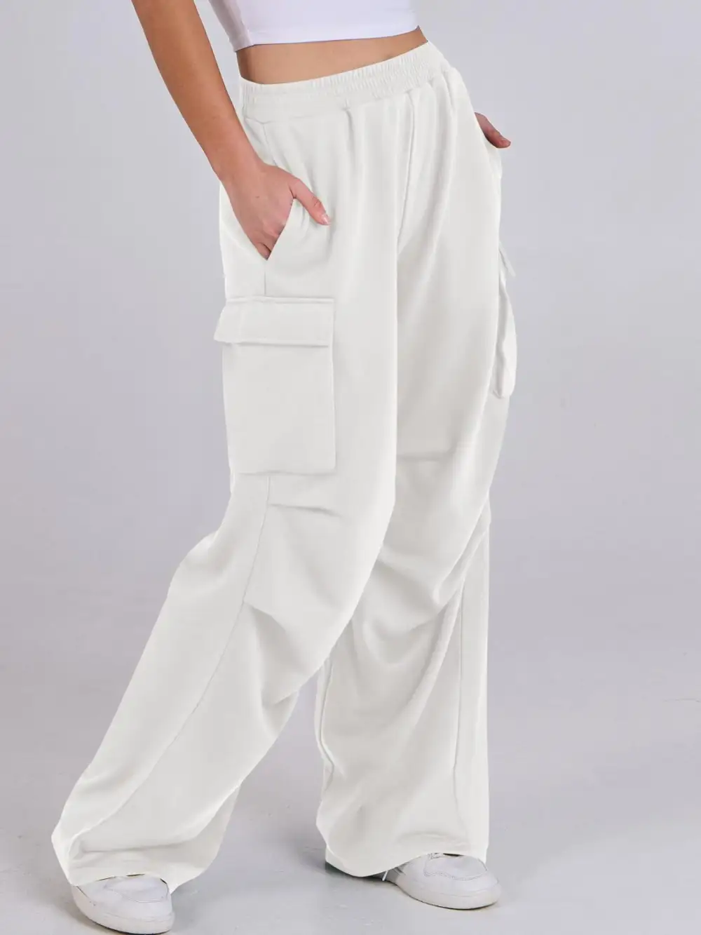 Elastic Waist Wide Leg Pants With Pocket