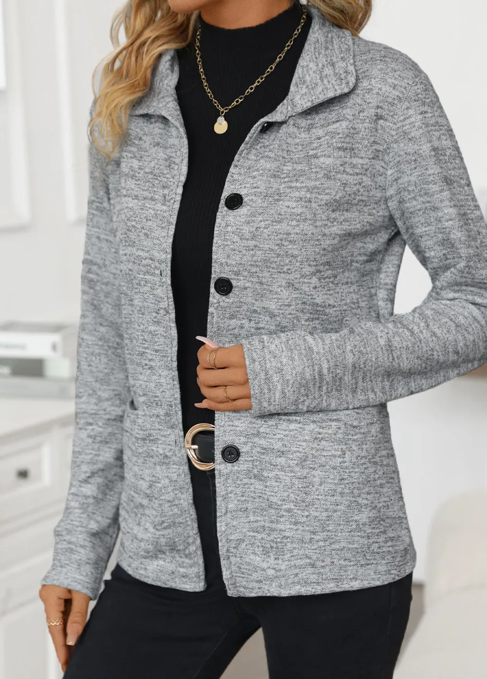 Light Grey Pocket Long Sleeve Turn Down Collar Coat