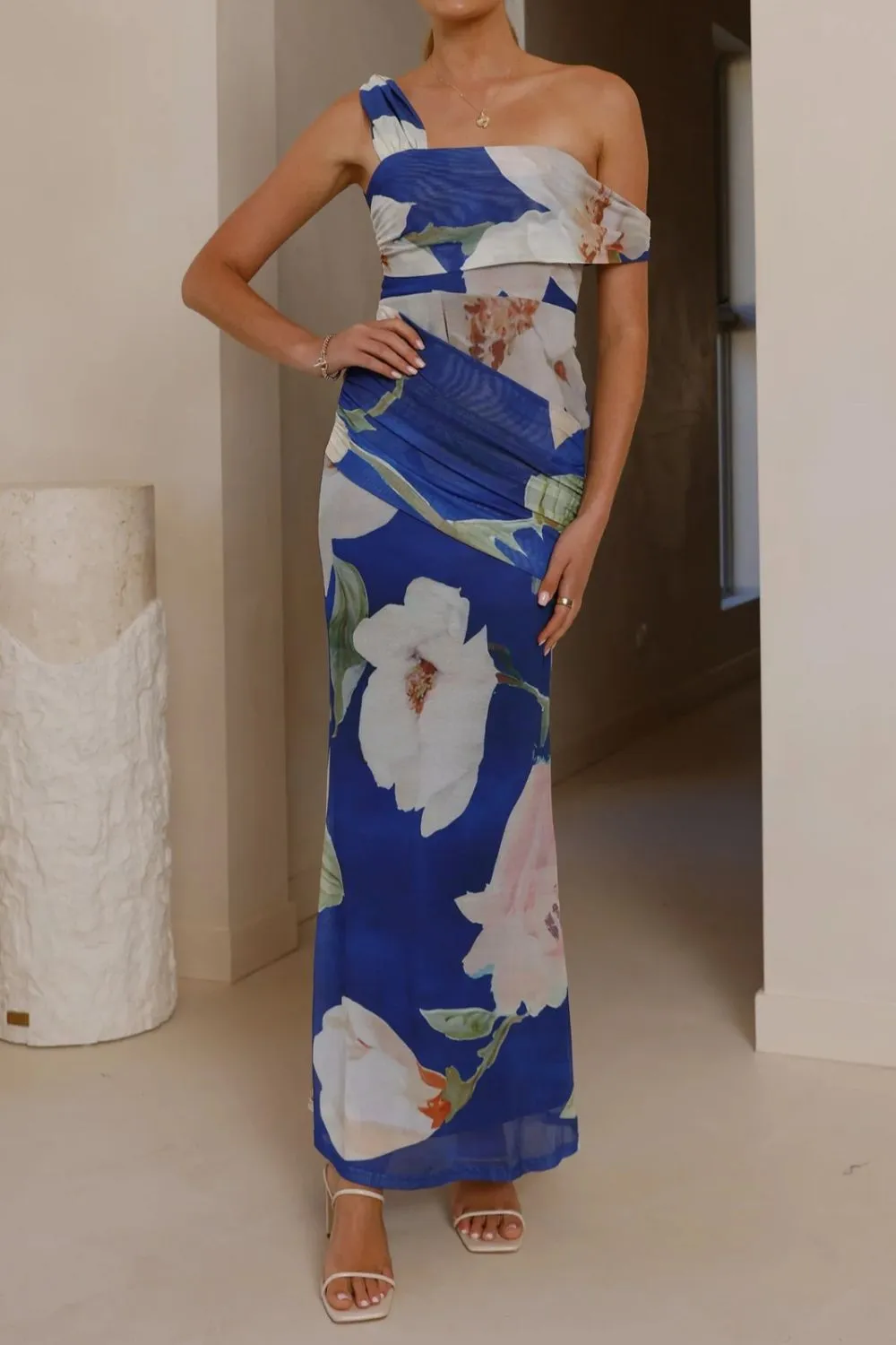 Classic Floral Print One Shoulder Ruched Maxi Dress
