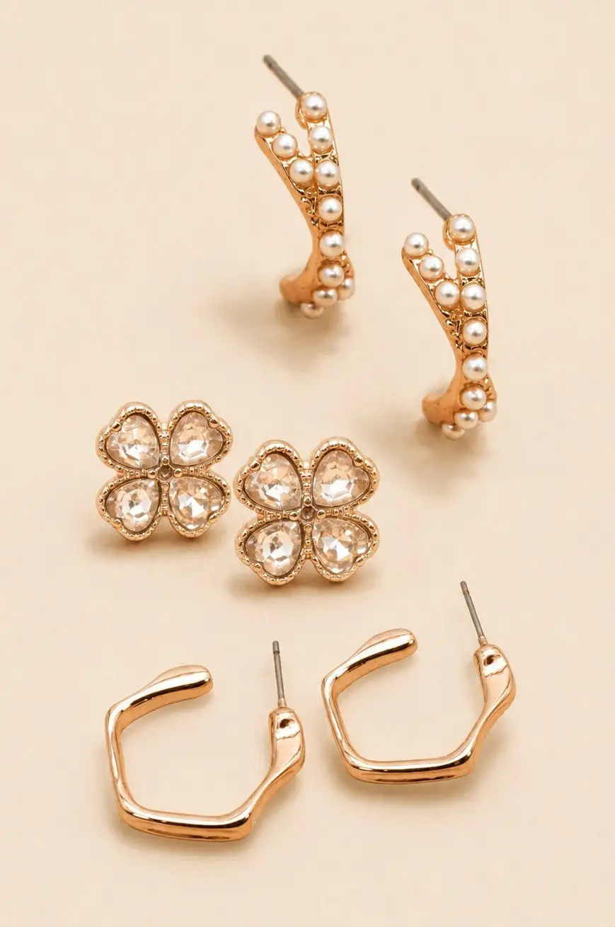 Floral Gem Pearl Hoop Trio