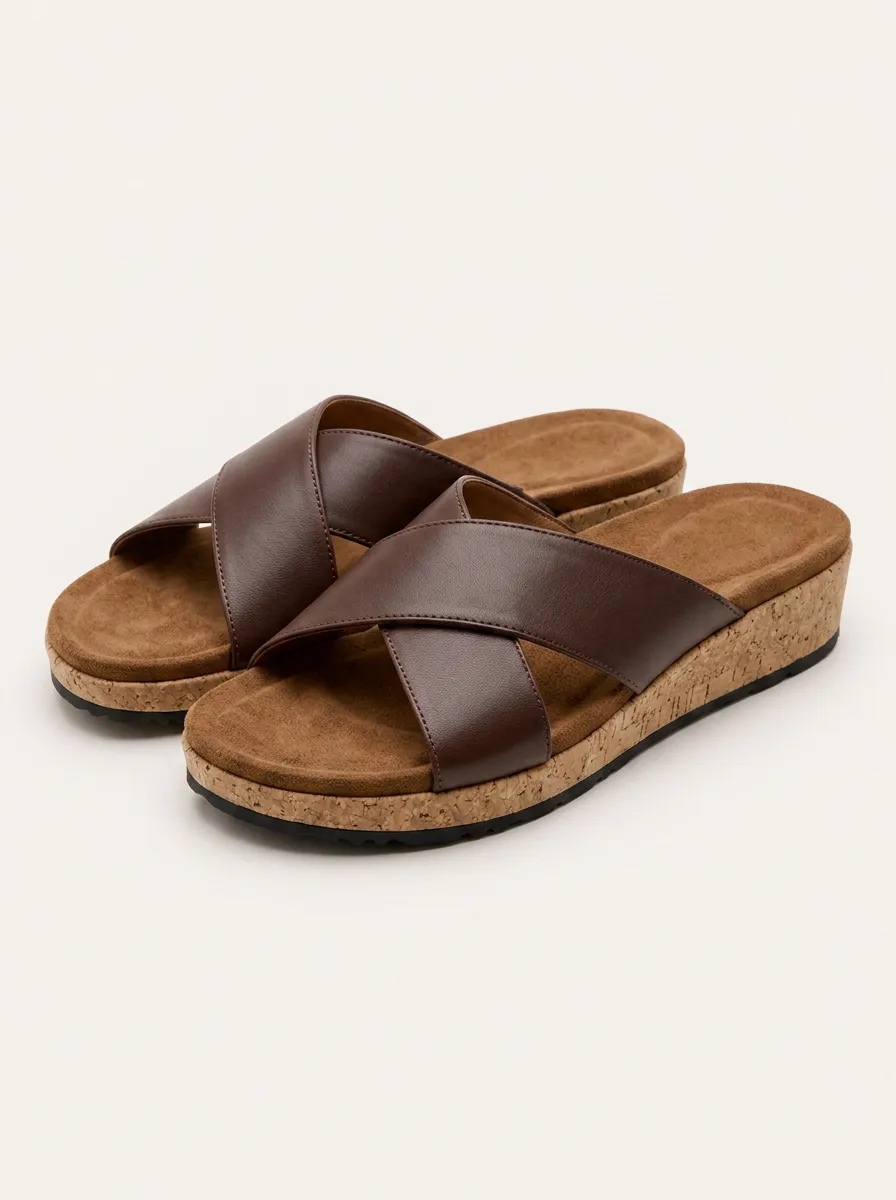 Women's Casual Brown Cross Strap Cork Platform Sandals