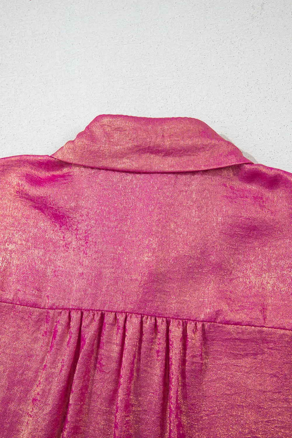 Rose Red Metallic Sheen Short Sleeve Buttoned Front Casual Shirt