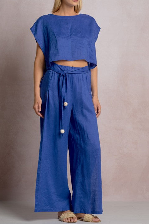 Blue Cropped Tie-Waist Blouse Top