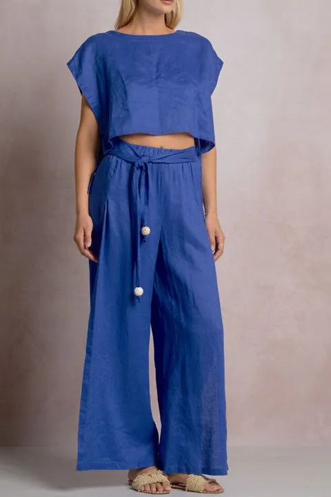 Blue Cropped Tie-Waist Blouse Top