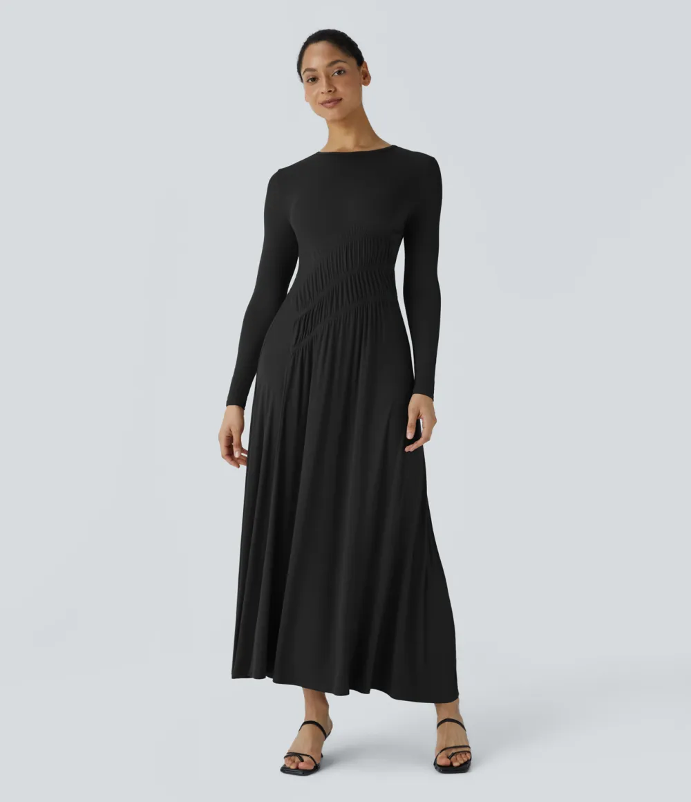 Ribbed Round Neck Long Sleeve Plicated Flare Flowy  Maxi Casual Dress