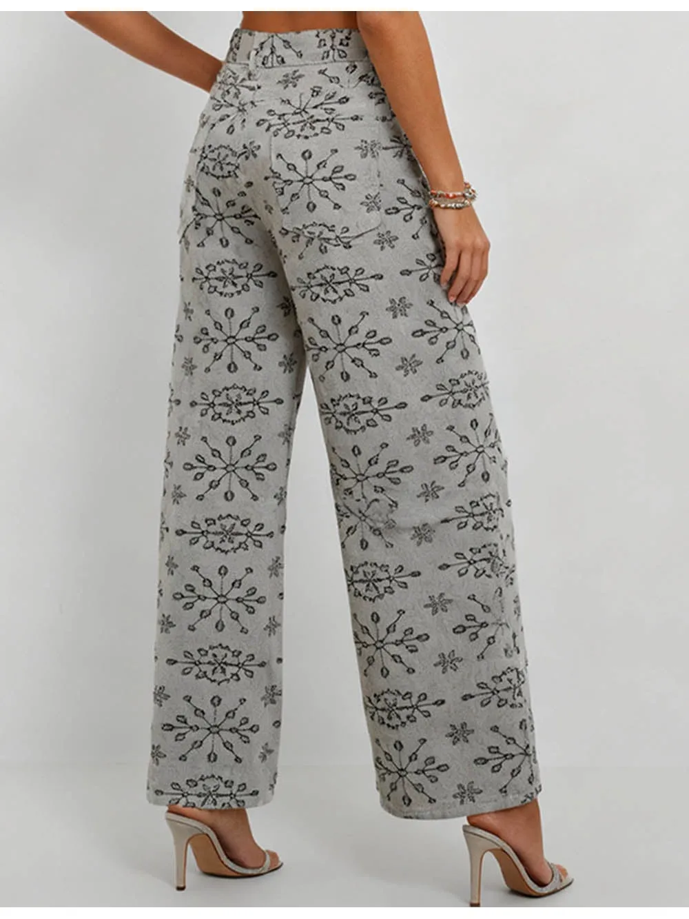 Geometric Jacquard Button Front Wide Leg Denim Pants