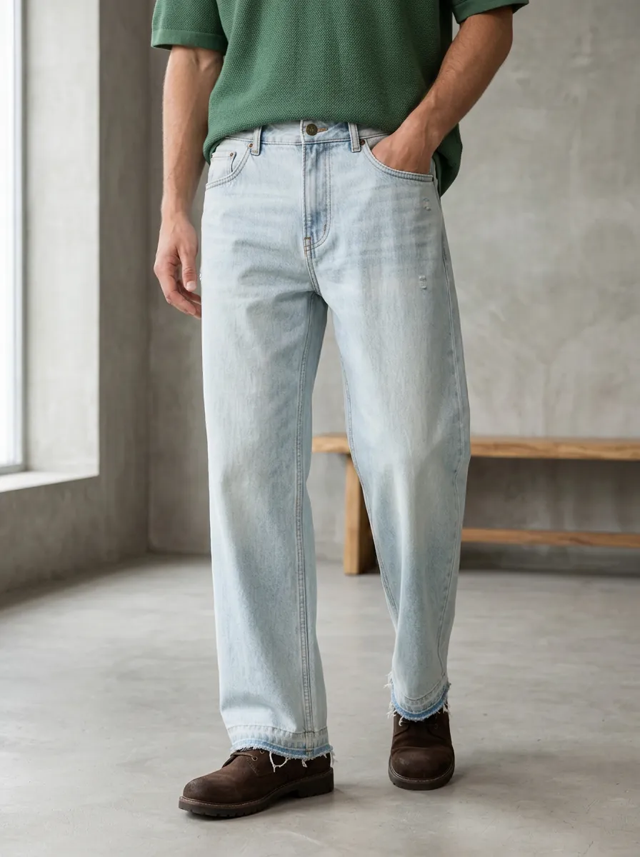 Men's Casual Light Wash Distressed Hem Denim Jeans