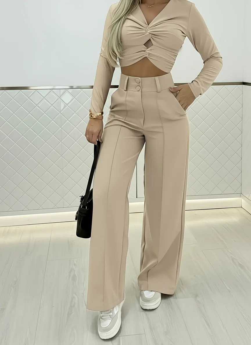 Women's Wide-Leg Pants with Double Button Front Office Trousers