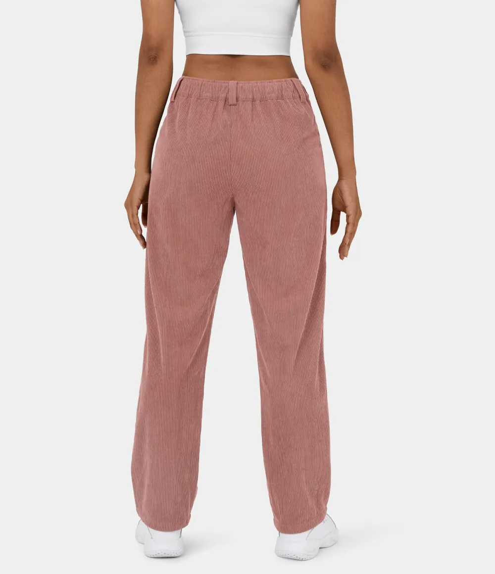 Mid Rise Button Zipper Side Pocket Corduroy Casual Pants