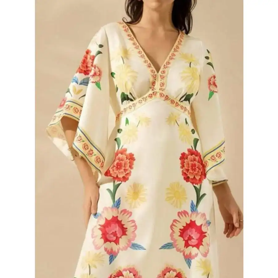 Palm Print V-neck Midi Dress