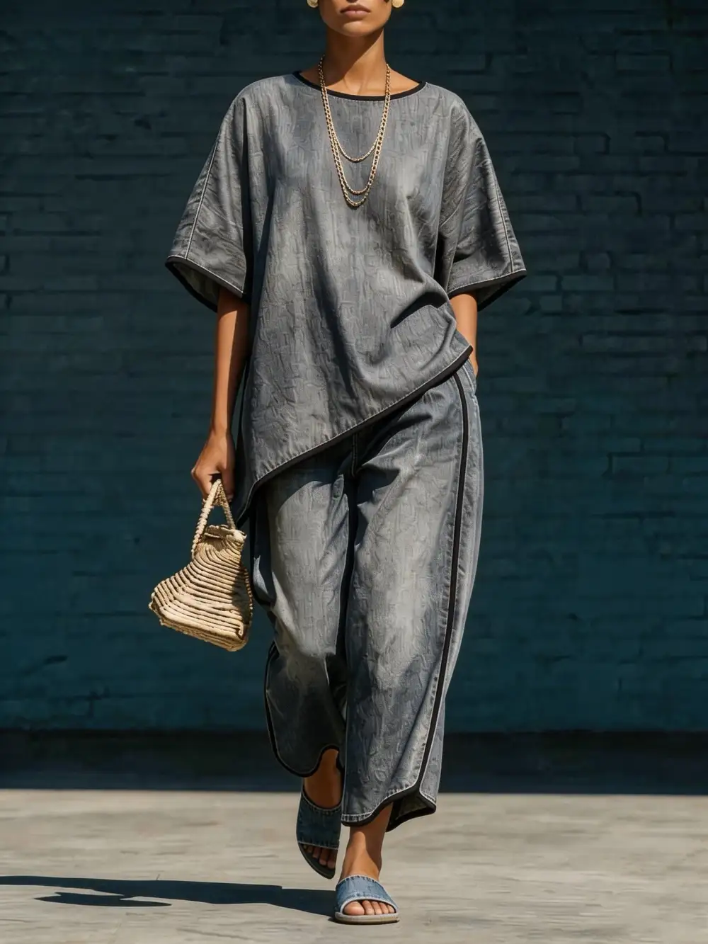 Wide-Leg Denim Knit Women's Matching Set
