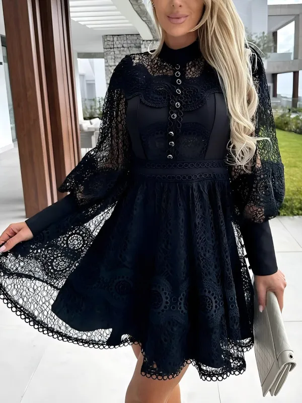 Lace Trim Long Sleeve Elegant Mini Dress