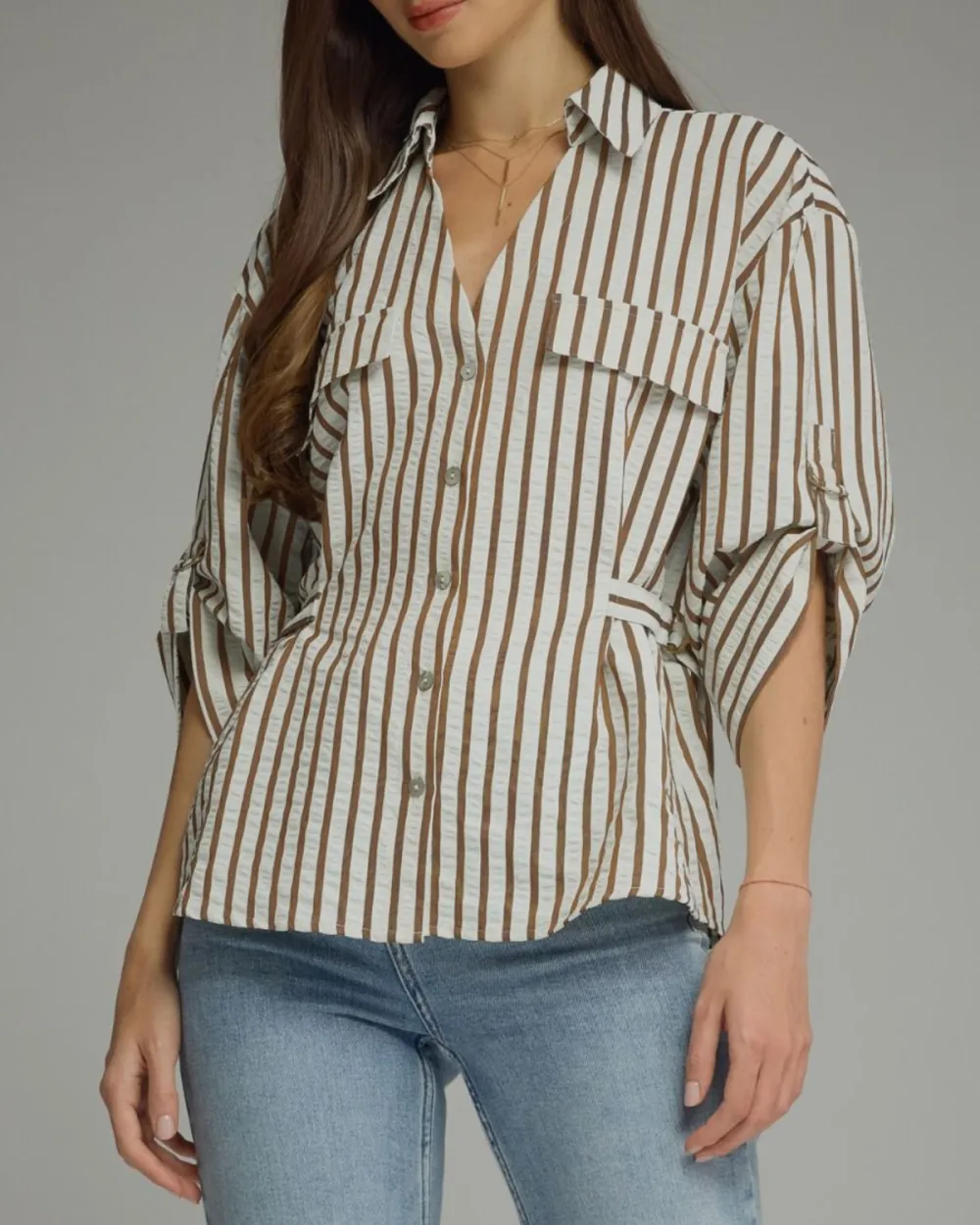 Foldover Stripe Button Front Top