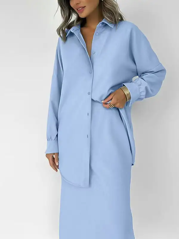 Long Sleeve Shirt and Slit Midi Skirt Set