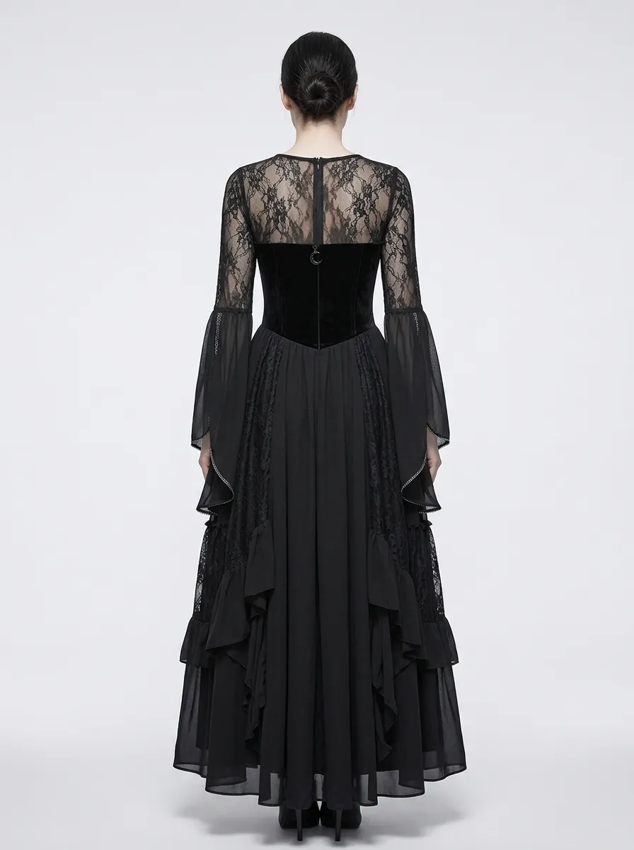 Dark Romantic Rose Lace Bell Sleeve Street Look Women's Gothic Dress