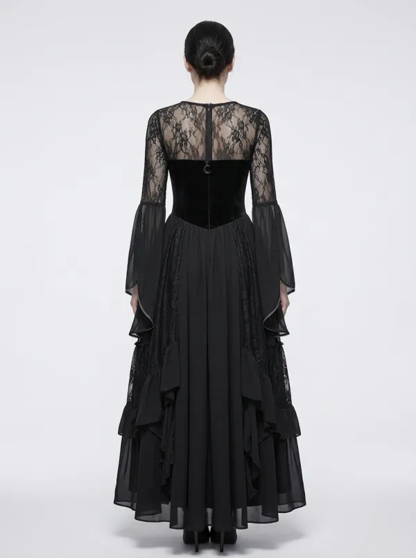 Dark Romantic Rose Lace Bell Sleeve Street Look Women's Gothic Dress