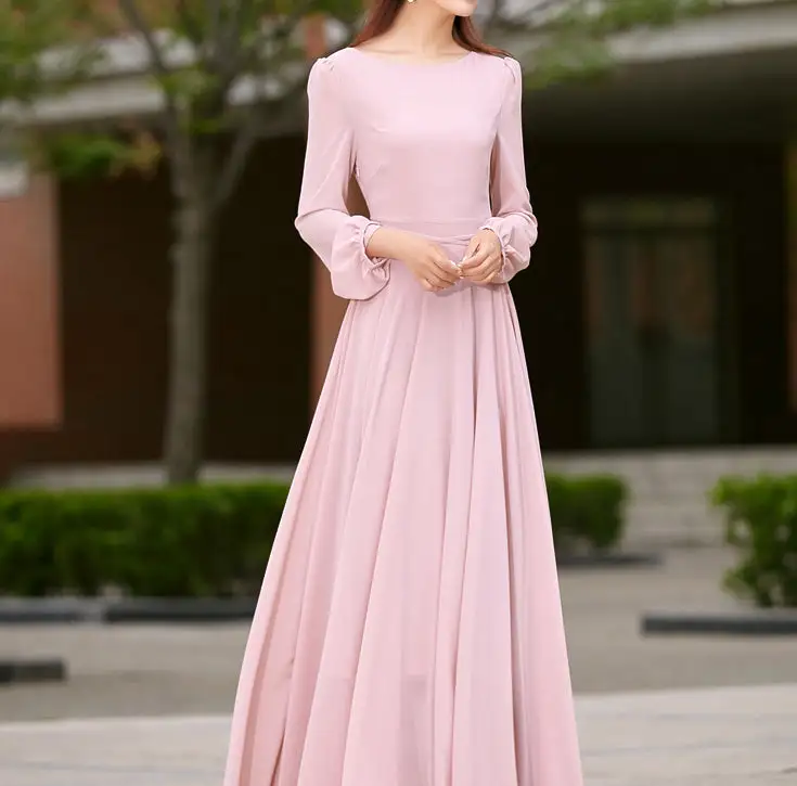 Classic Chiffon Swing Long Sleeve Maxi Dress