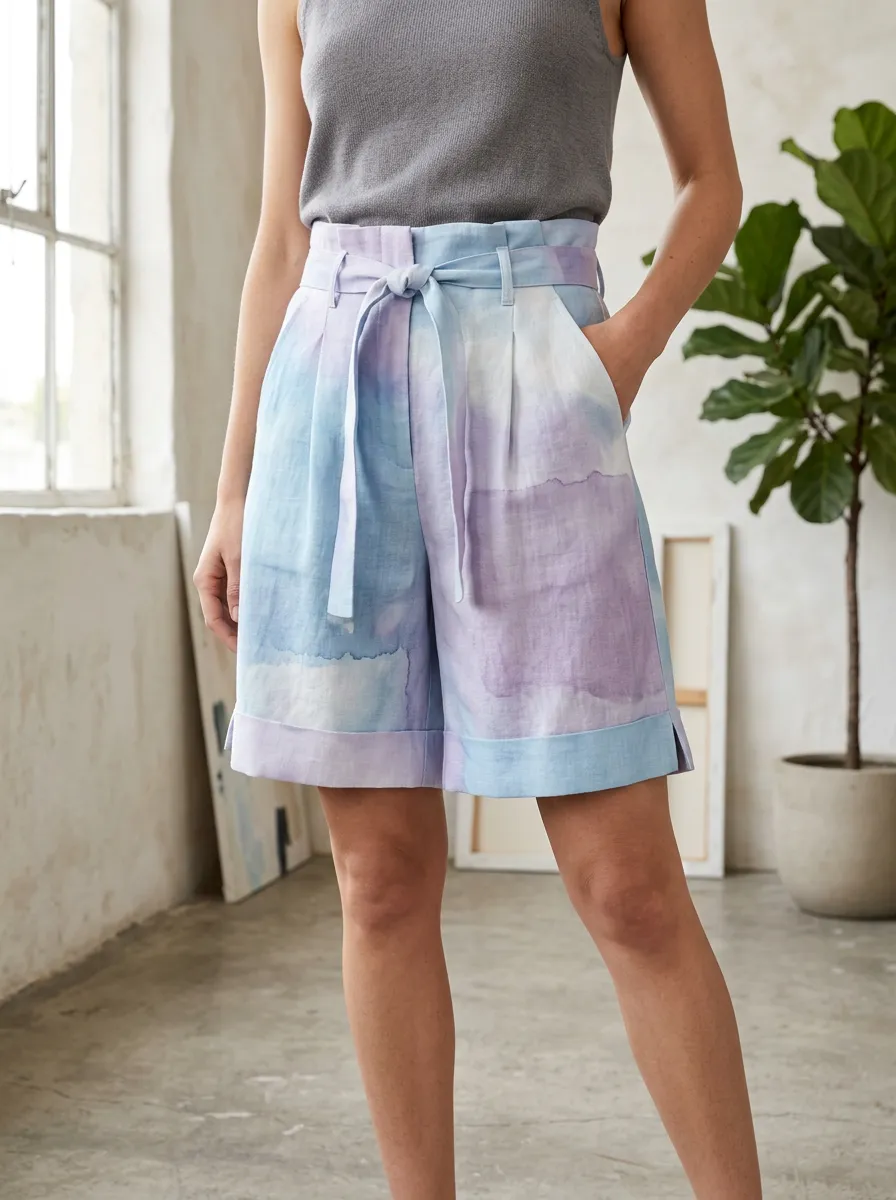 Women's Watercolor Pastel Tie-Waist Printed Shorts