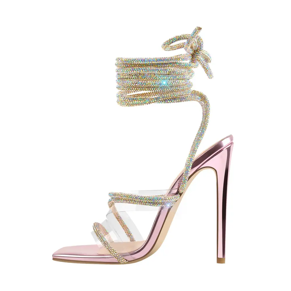 Rhinestone Strap Lace Up High Heel Sandals