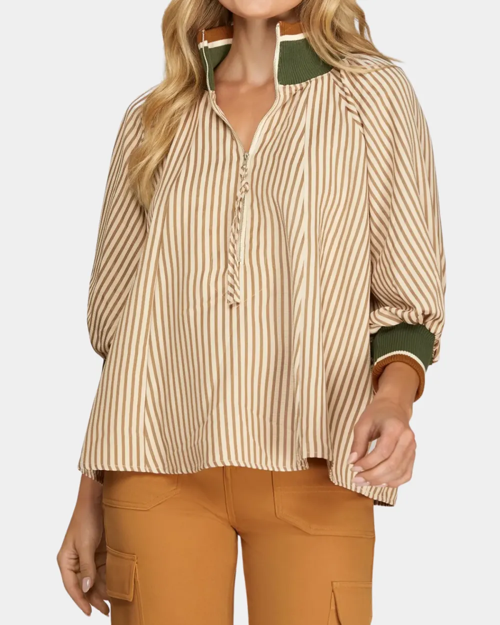 Zipper Front Striped Top