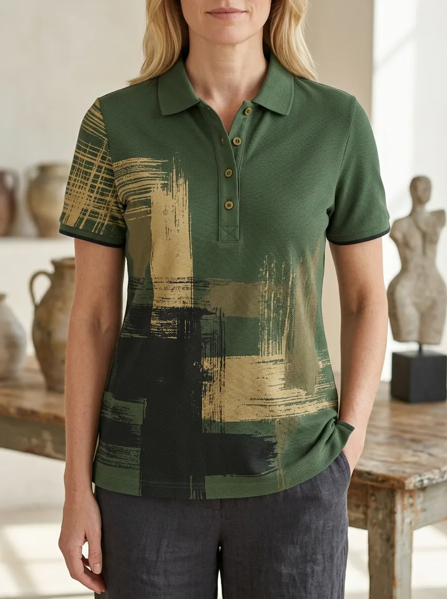 Women's Modern Abstract Brushstroke Polo Shirt