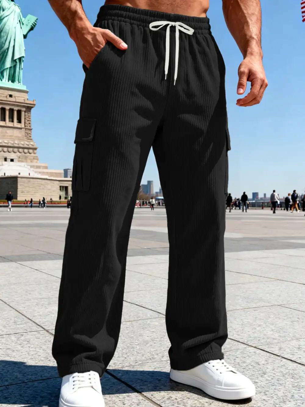 Men's Knitted Cargo Pants Waistband Pockets Cargo Pants