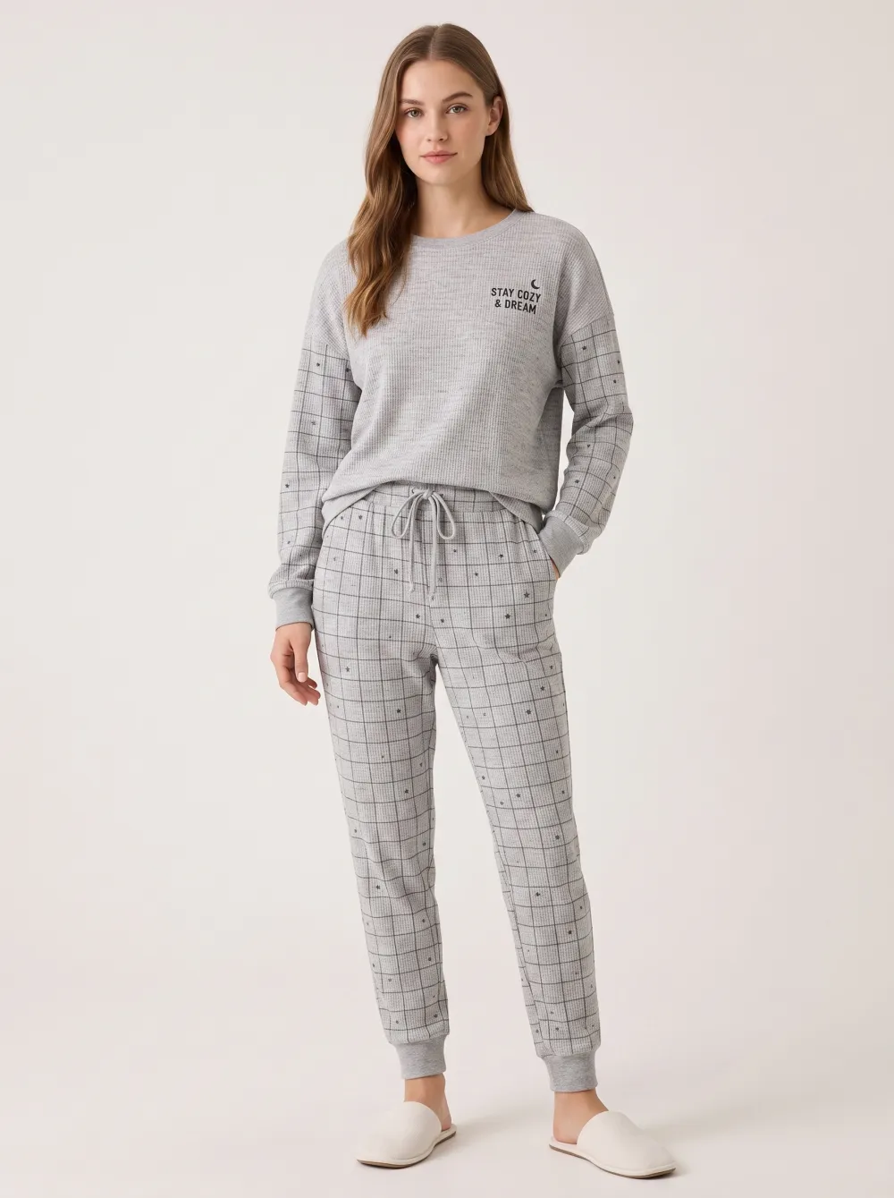 Women's Stay Cozy & Dream Moon Star Plaid Printed Lounge Set