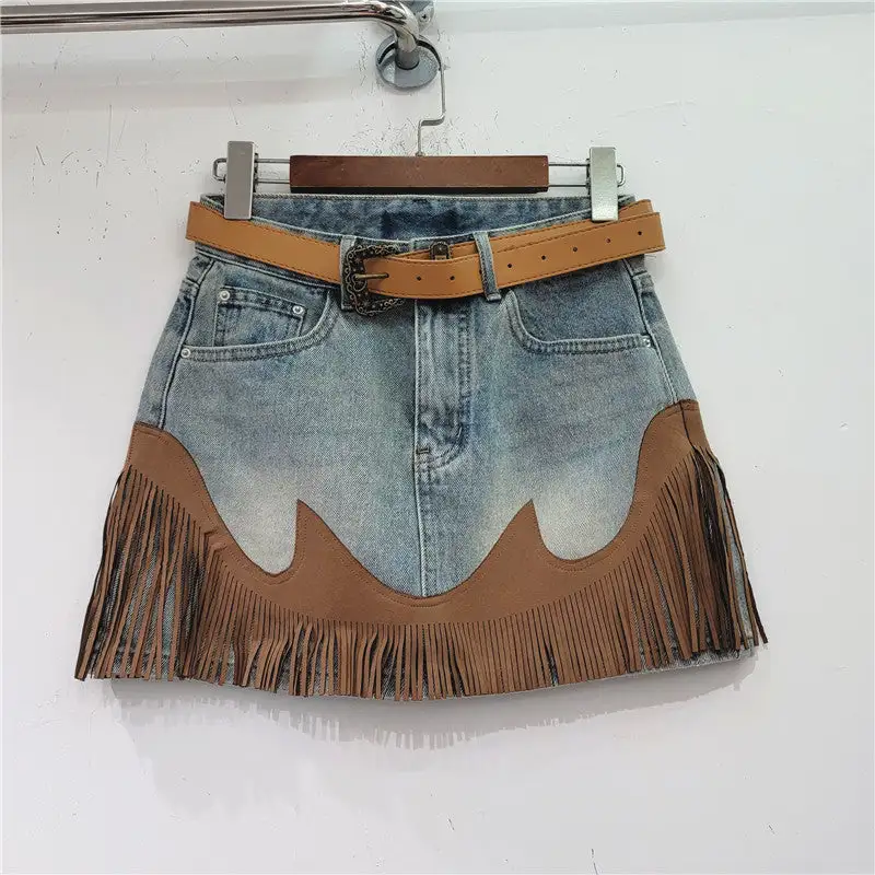 Casual Denim Tasseled Skirt