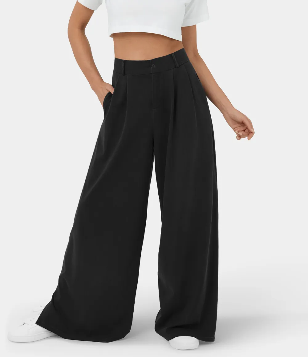 High Waisted Button Zipper Plicated Side Pocket Split Hem Wide Leg Casual Pants