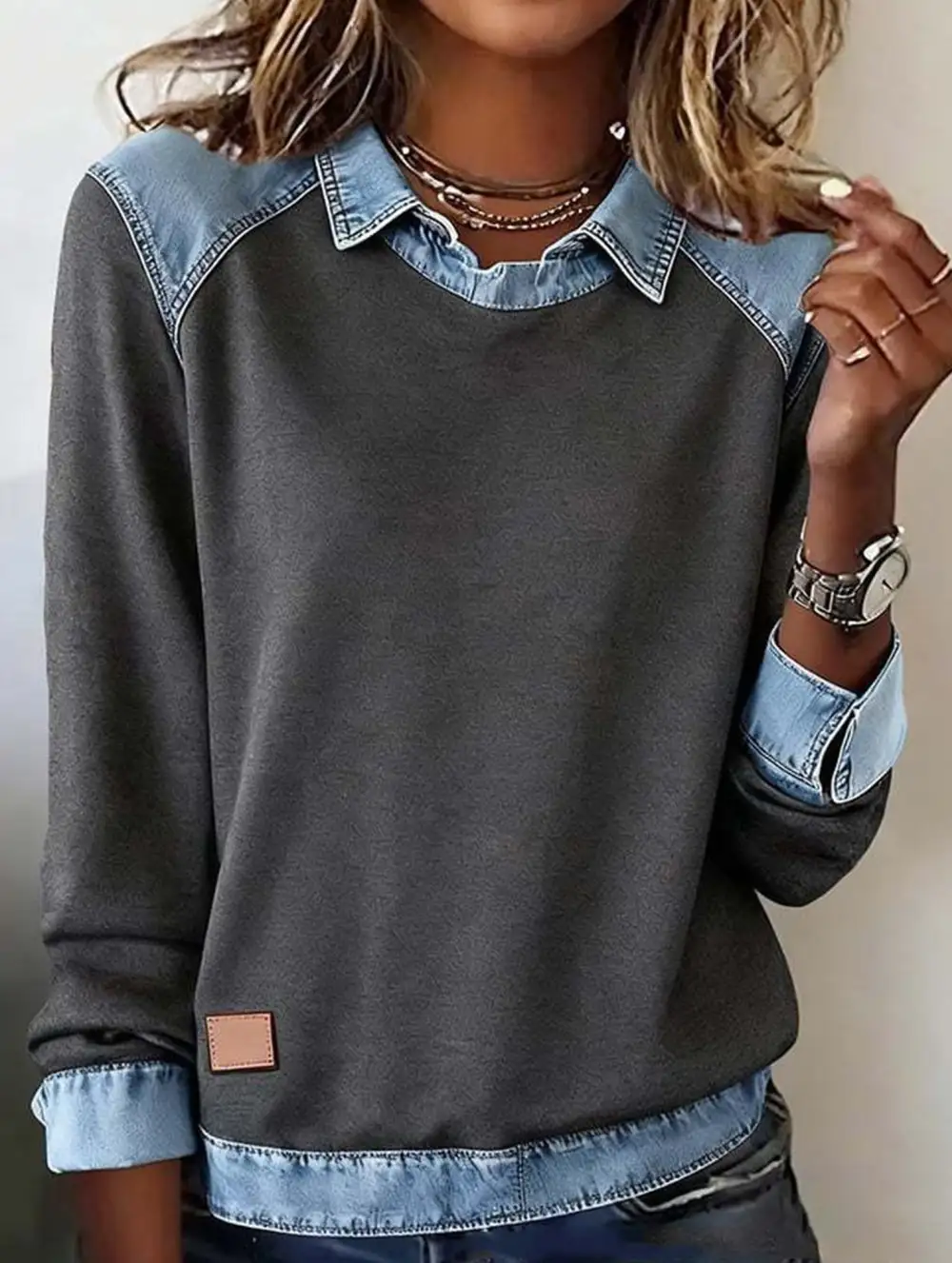 Denim Collar Patchwork Top